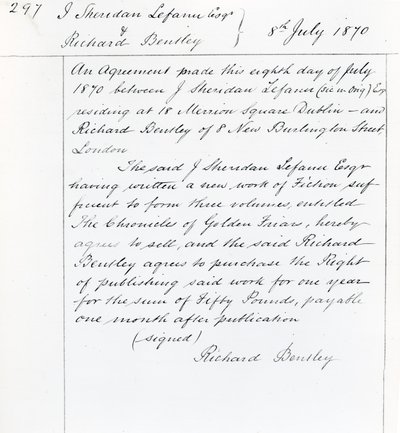 Publishing contract between Joseph Sheridan Le Fanu and Richard Bentley for 